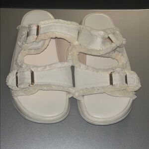 White Fuzzy Strap Sandals